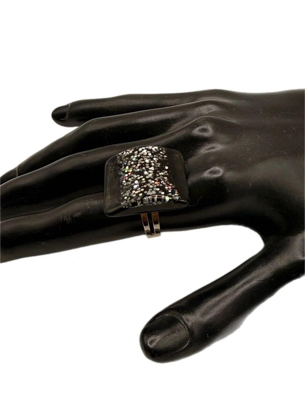 Black Acrylic Sparkle Glitter Square Statement Ring Adjustable